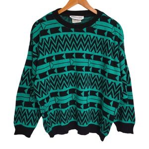 Vintage MANoeuvres Green Black Geometric Acrylic Pullover Crewneck Sweater